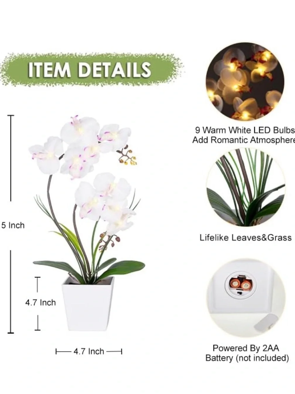 NIB White LED Faux Orchid Arrangement in White Planter 15